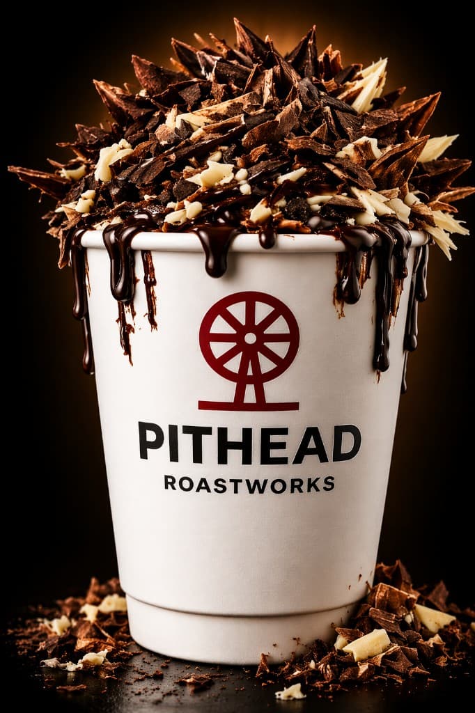 Pit Mocha in a Pithead cup with chocolate shavings