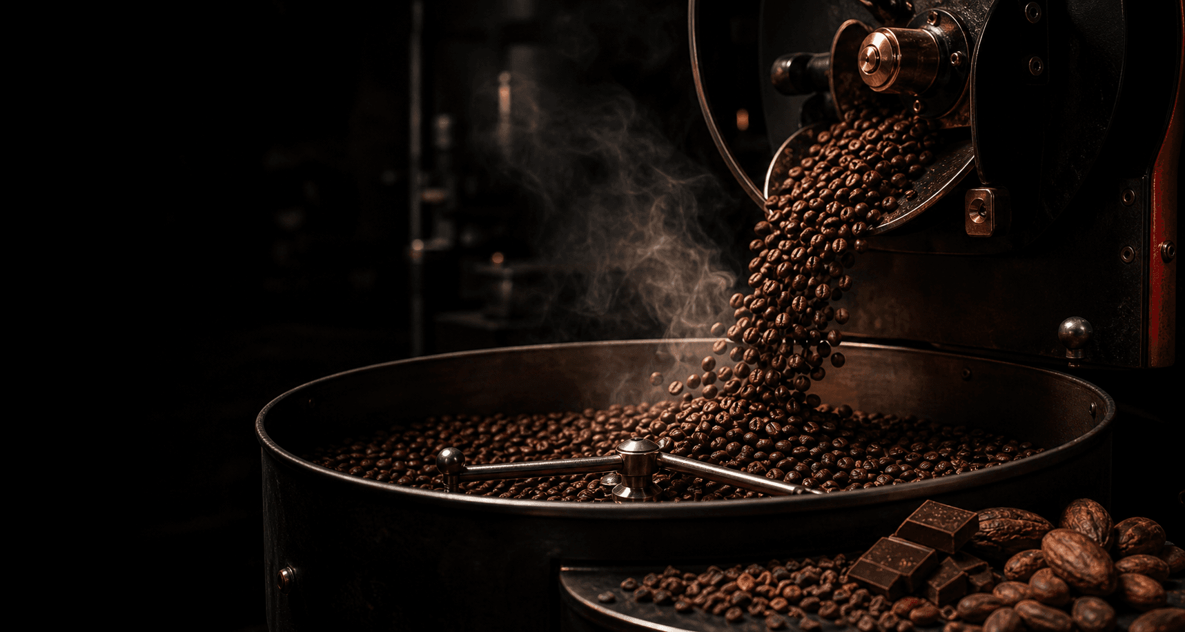 Roasting drum pouring coffee beans into a cooling tray with cacao and smoke