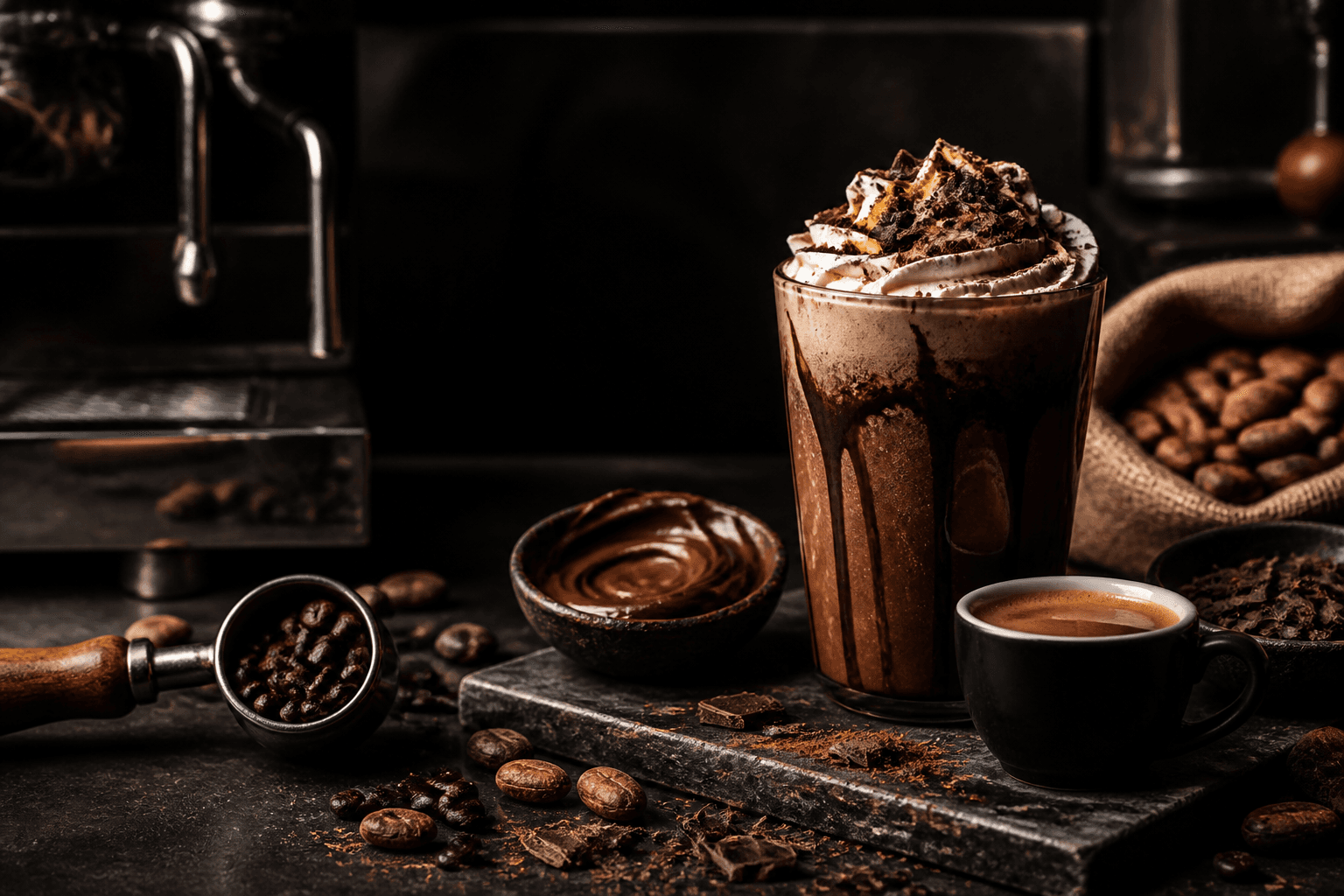 Mocha, espresso, cacao and chocolate on a dark café workbench
