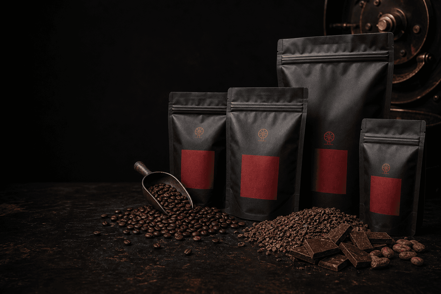 Pithead-style black coffee and cacao bags on a dark roastery bench
