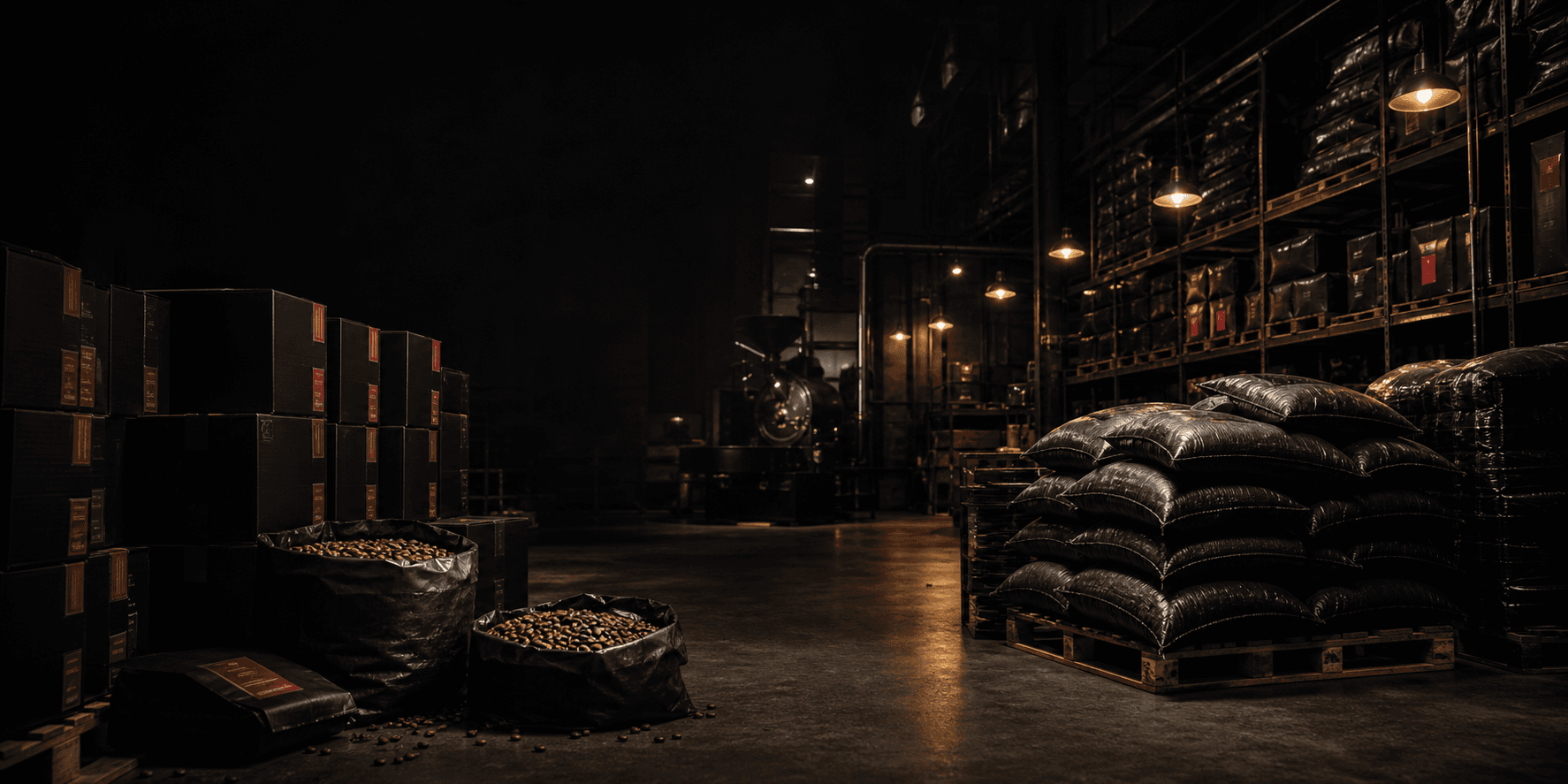 Dark warehouse with stacked black coffee sacks and supply boxes
