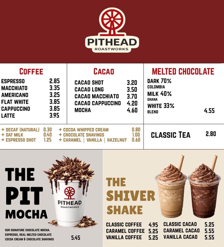 Pithead Roastworks kiosk menu with coffee, cacao, chocolate, add-ons, Pit Mocha and Shiver Shake.